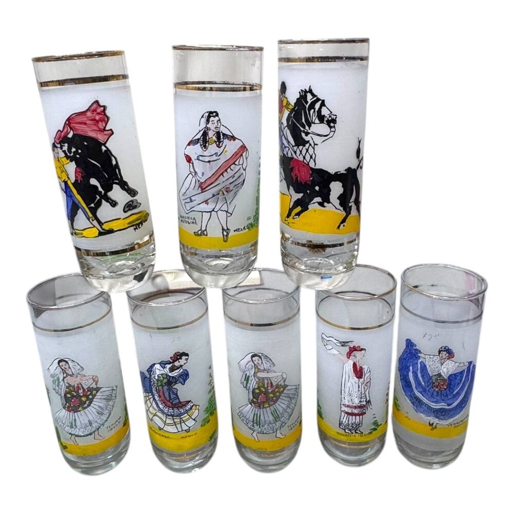 Vtg Mexican Folk Art Highball Glasses Set Of 8 Hand Painted Dancers Bull Fighter